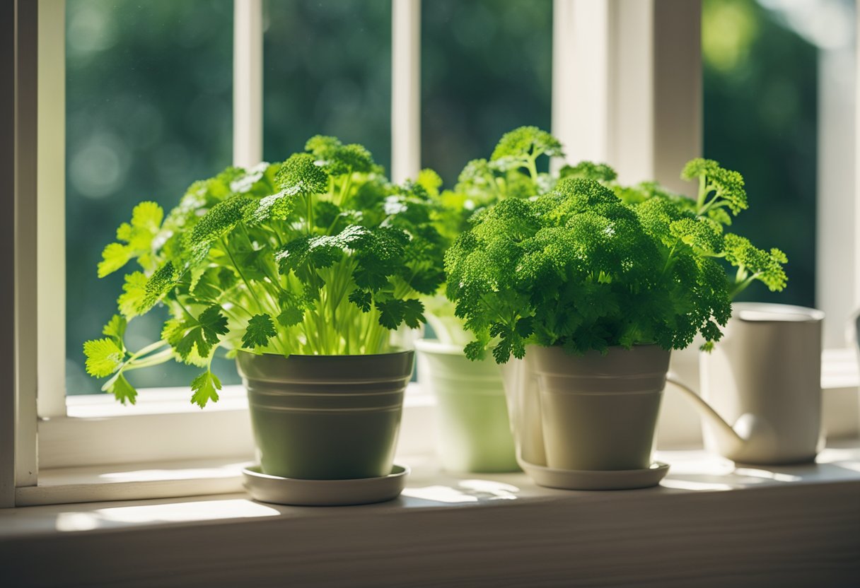 A sunny window sill with rows of potted parsley plants, a watering can nearby, and a calendar showing all four seasons