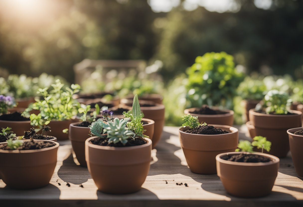 A table is set with pots and soil. A variety of vases are lined up, ready for planting. The scene is bright and inviting, with a promise of a bountiful harvest