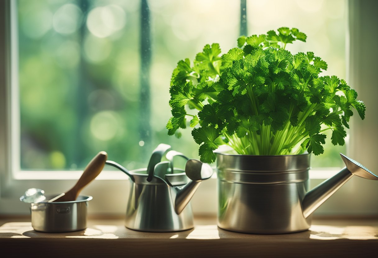 A flourishing pot of fresh, green parsley sits on a sunny windowsill, surrounded by small gardening tools and a watering can. The vibrant leaves glisten with dew, promising a bountiful harvest