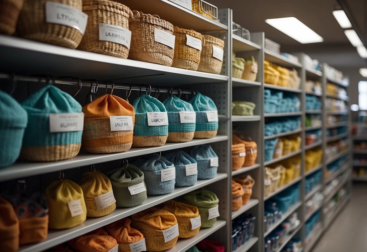 Colorful baskets hang on wall hooks. Shelves neatly store detergent and supplies. A labeled system organizes laundry products