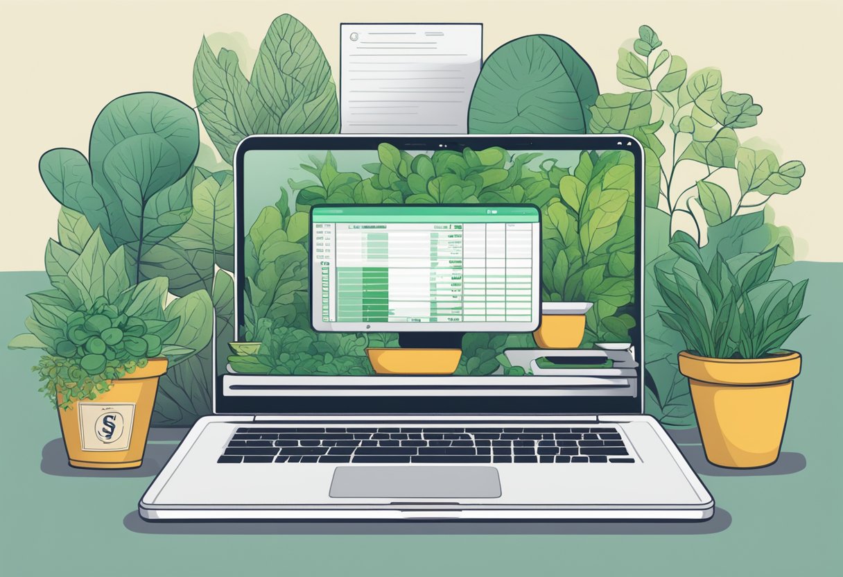 A laptop surrounded by growing plants, a virtual assistant logo, and a scale symbol, with a client list and dollar bills in the background