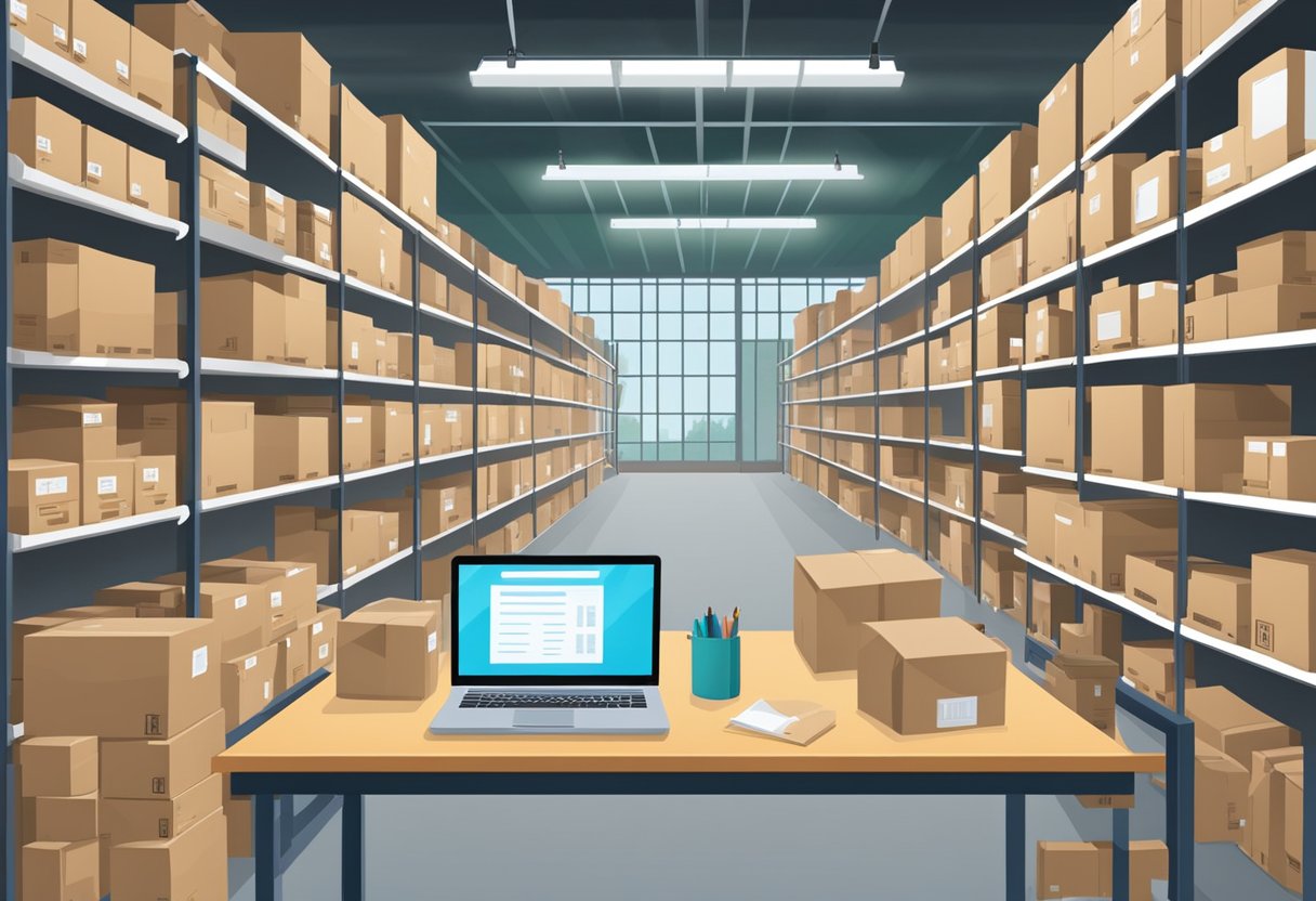 A warehouse filled with neatly organized shelves of products, ready to be shipped. A computer on a desk displays a list of reliable suppliers for dropshipping businesses