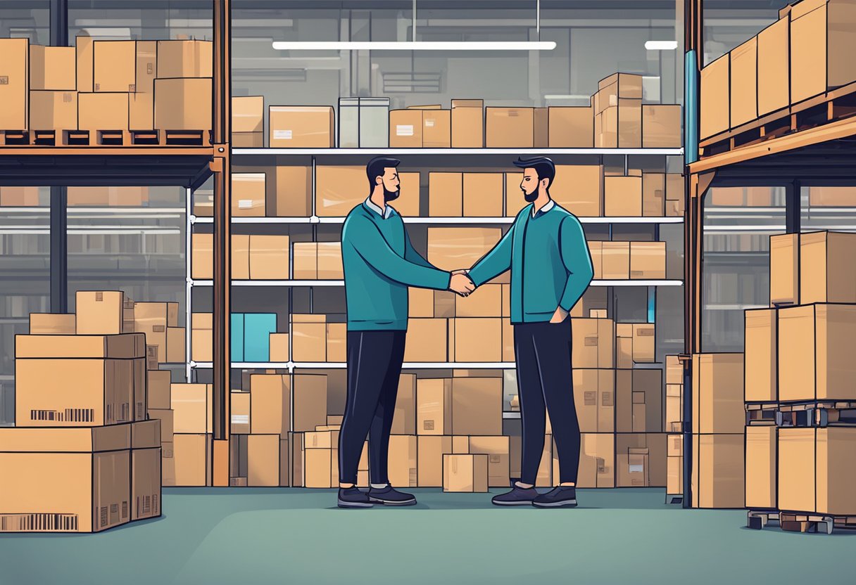 A dropshipping business owner shaking hands with a reliable supplier in front of a warehouse full of products