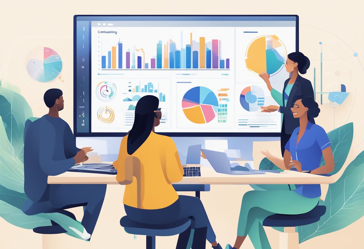 A group of diverse individuals gather around a computer screen, discussing real estate crowdfunding. Charts and graphs are displayed, showing potential investment opportunities