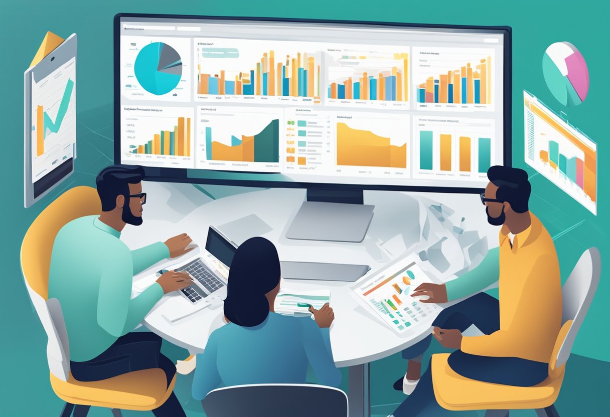 A group of diverse investors gather around a computer screen, eagerly discussing real estate crowdfunding opportunities. Charts and graphs display potential passive income returns