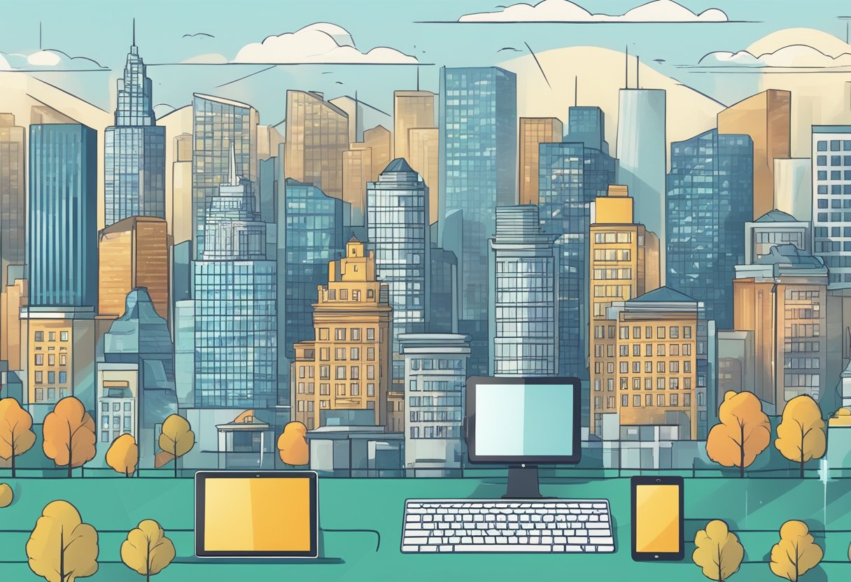 A bustling city skyline with various real estate properties, accompanied by a computer or tablet displaying a real estate crowdfunding platform