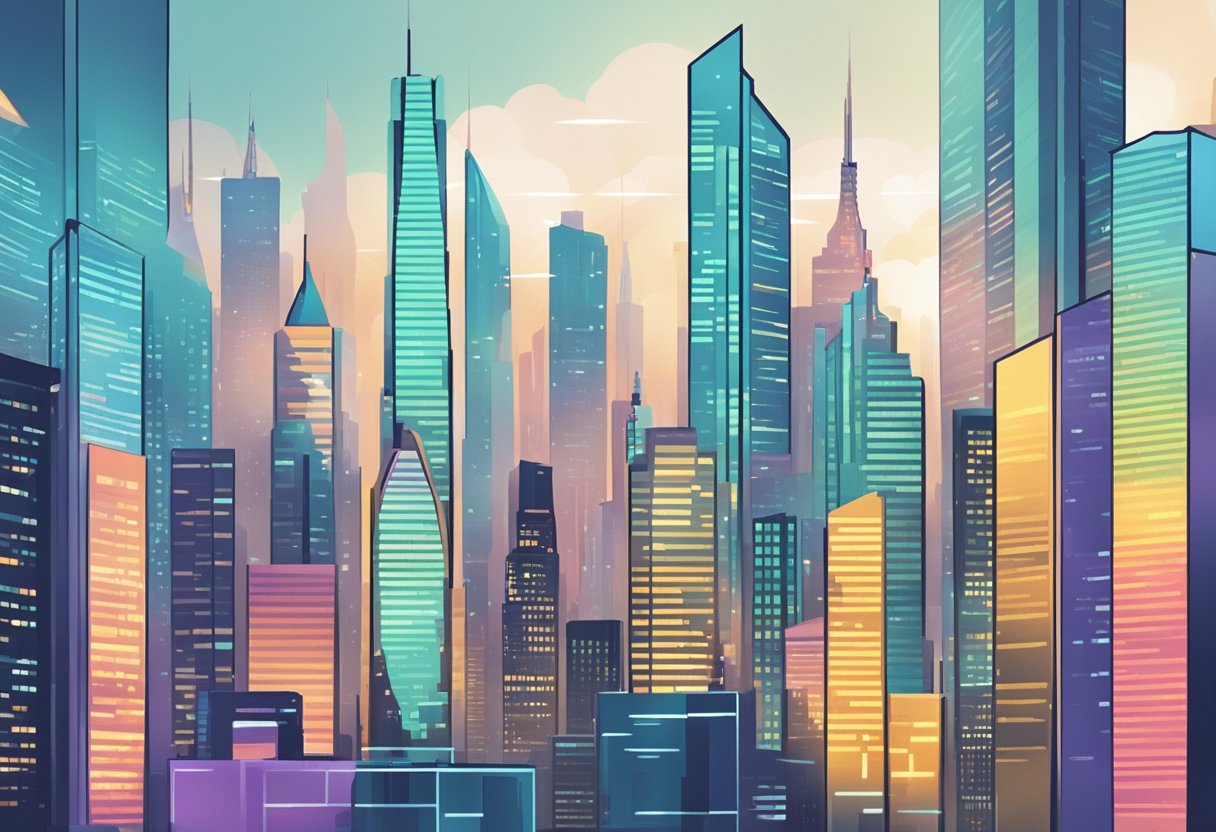 A bustling city skyline with futuristic skyscrapers and digital screens displaying real estate crowdfunding statistics. A diverse group of investors eagerly discussing investment opportunities