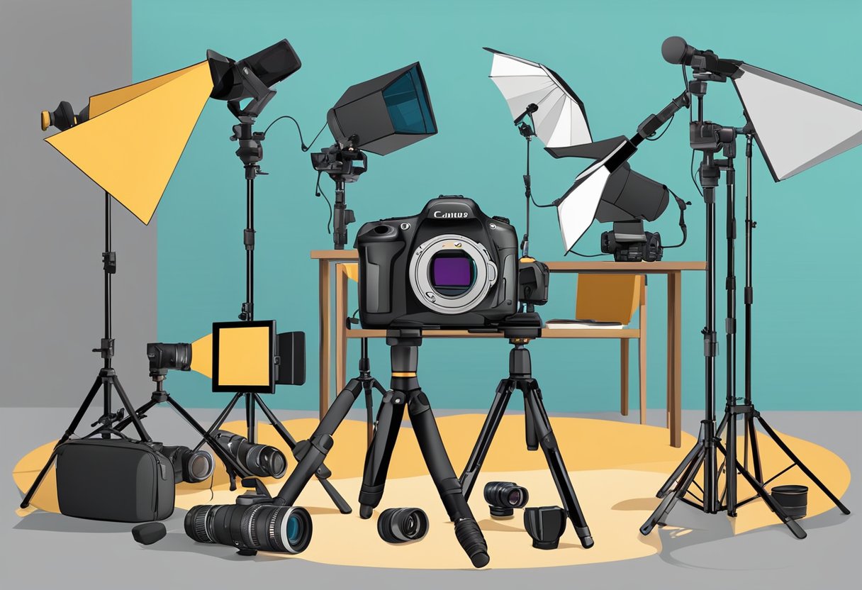 A camera, tripod, and lighting setup arranged for a stock photography shoot. Various lenses and props scattered around the studio