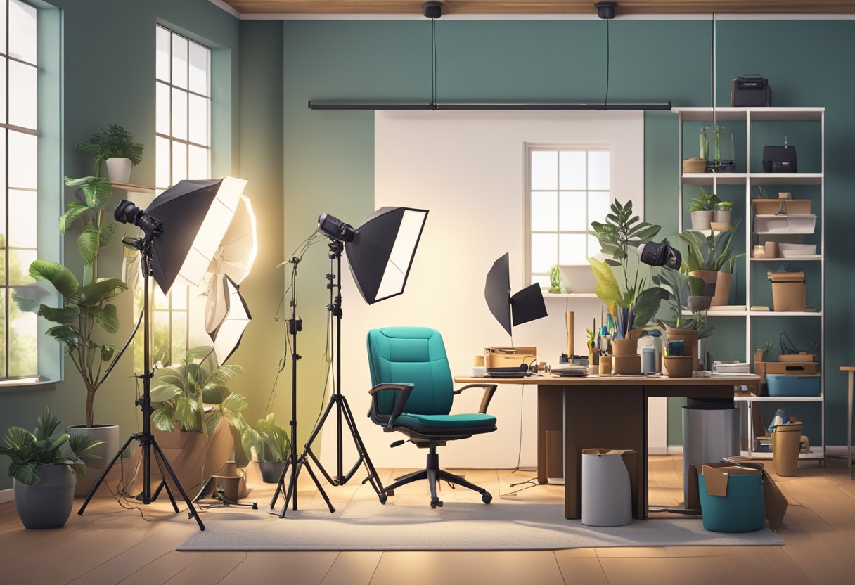 A well-lit studio with a clean, organized workspace, professional camera equipment, and various props arranged for a stock photography shoot