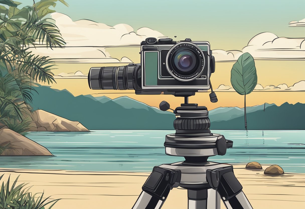 A camera on a tripod with a scenic background, natural lighting, and a variety of objects to photograph for stock photography