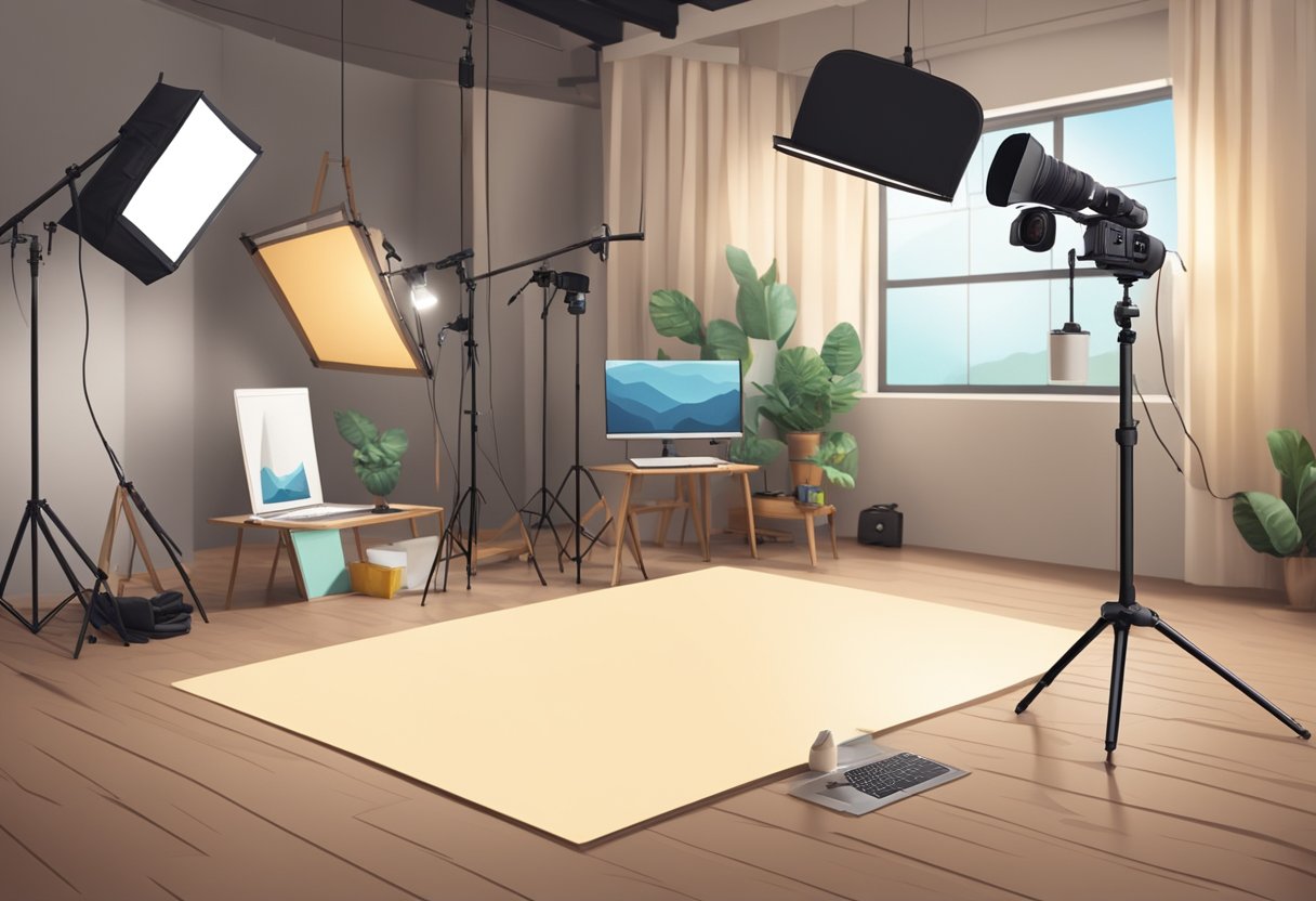 A well-lit studio with a variety of props and backdrops. A camera on a tripod, with a laptop for editing. A table with photography equipment and a mood board for inspiration