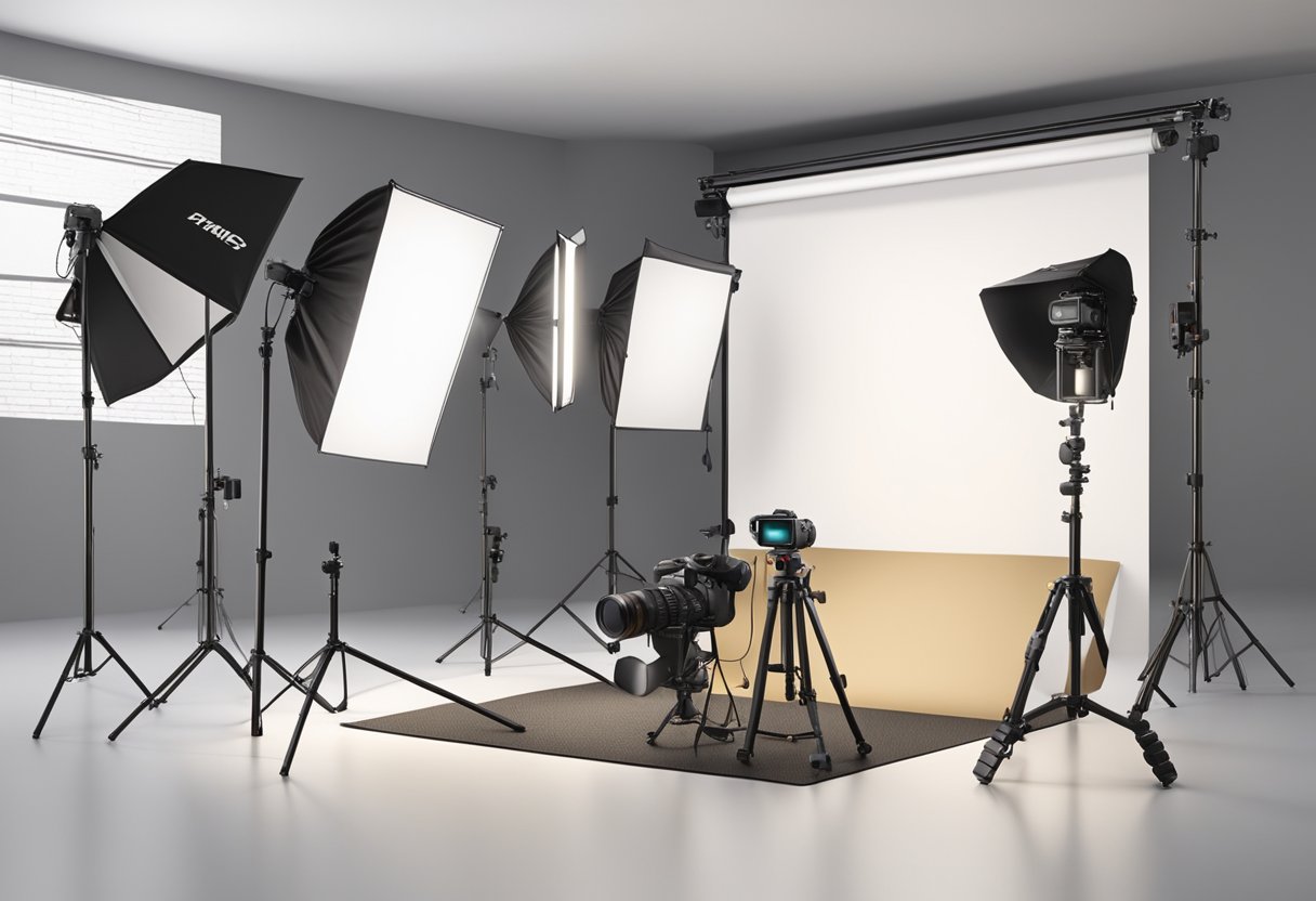 A well-lit photography studio with professional camera equipment and various props set up for product and still life photography