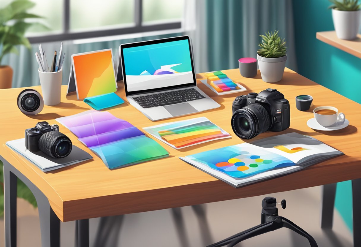 A brightly lit table showcases various products with vibrant colors and clear branding. A camera sits nearby, ready to capture the high-quality images needed for successful marketing and promotion