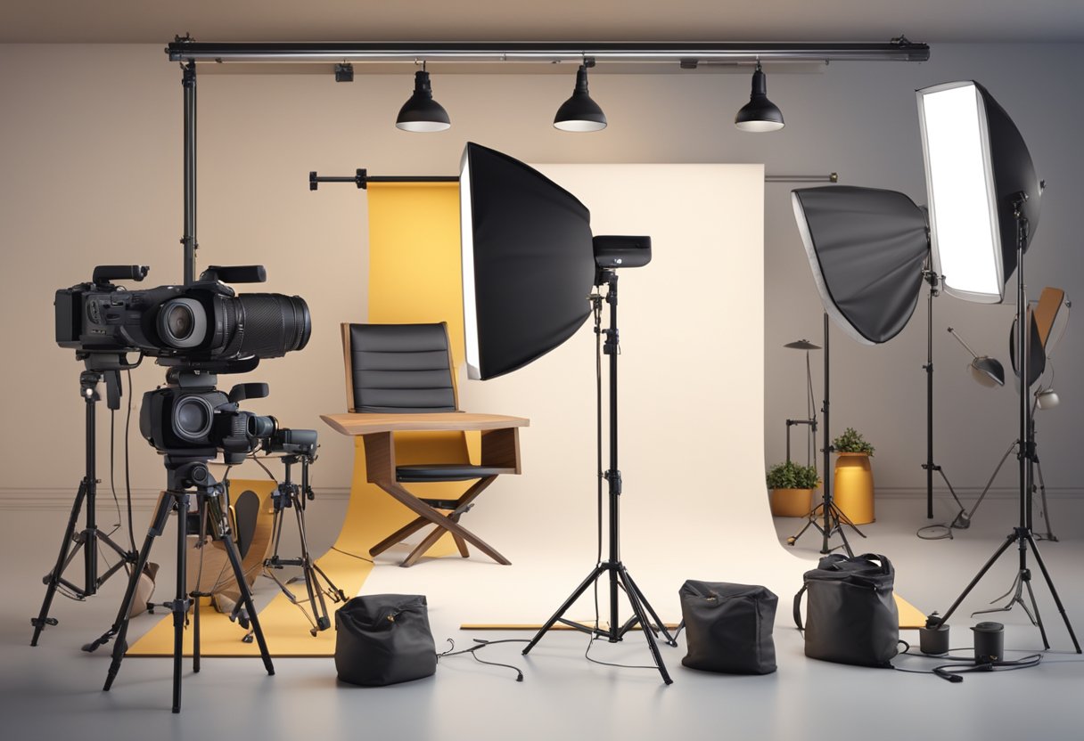 A well-lit studio with professional camera equipment and various props arranged for product photography