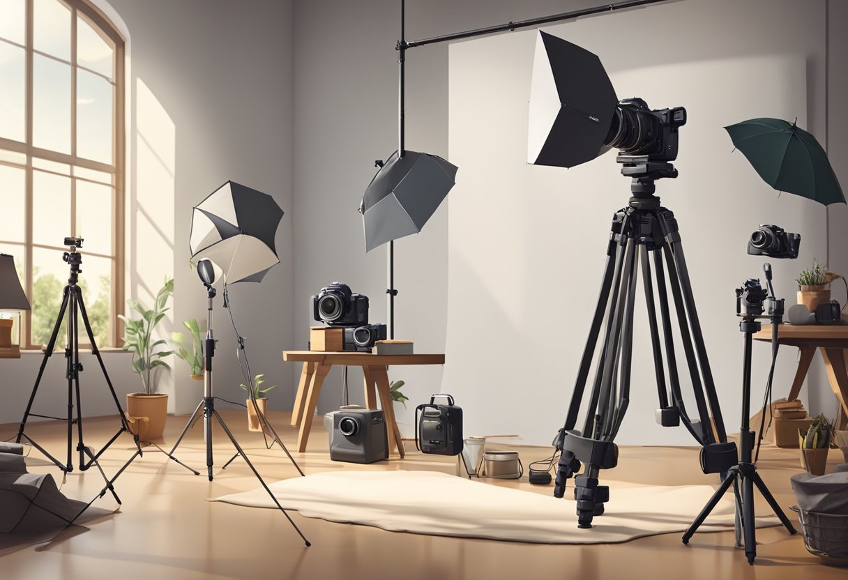 A camera on a tripod set up in a well-lit studio with various props and backdrops. The camera is focused on a still life arrangement of objects