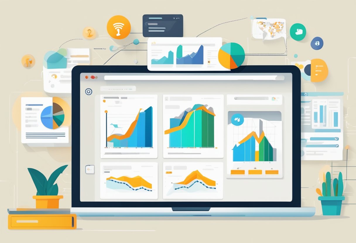 A computer screen displaying a Pinterest board with blog post images and engaging comments, with a traffic graph showing an increase in blog visitors