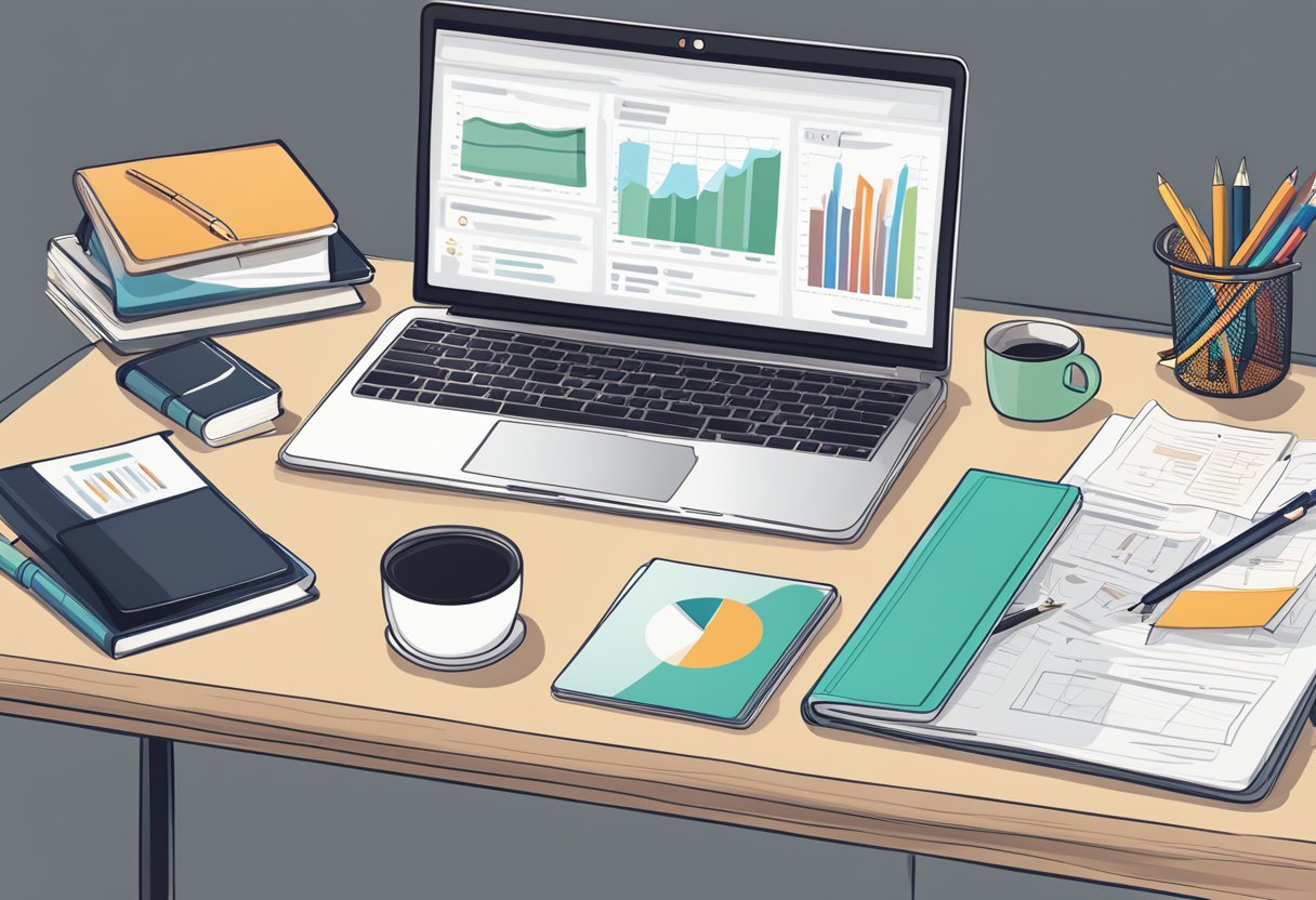 A laptop open on a desk with Pinterest website displayed, surrounded by notebooks and pens. A blog post with a traffic graph in the background