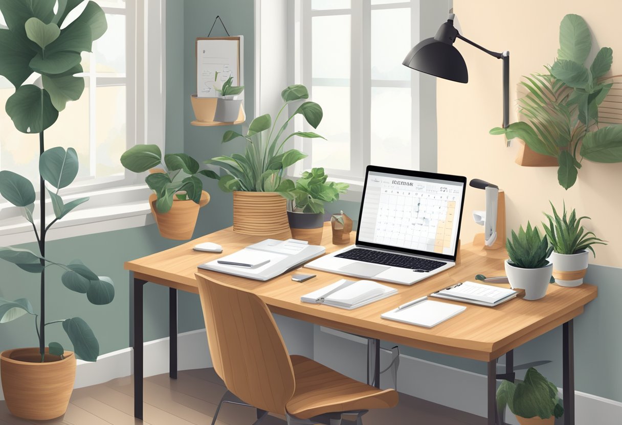 A clutter-free desk with a laptop, notebook, and pen. A cozy workspace with natural light and a plant. An organized calendar and to-do list on the wall