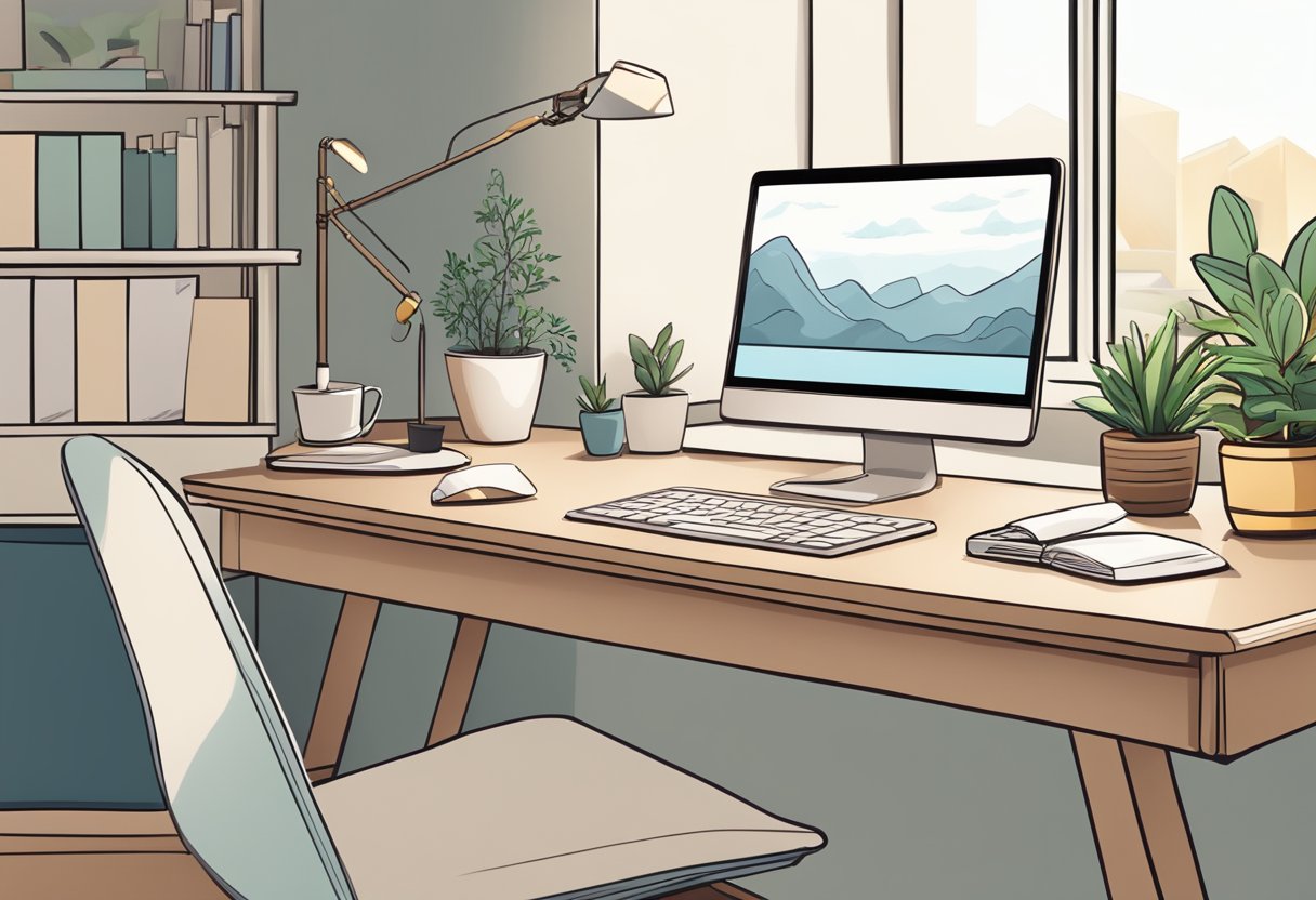 A clutter-free desk with a laptop, notebook, and pen. A cozy workspace with natural light and a plant. No visible distractions