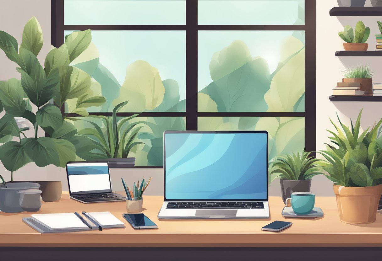 A laptop, notebook, and phone on a desk with a cozy home office setup, surrounded by plants and natural light