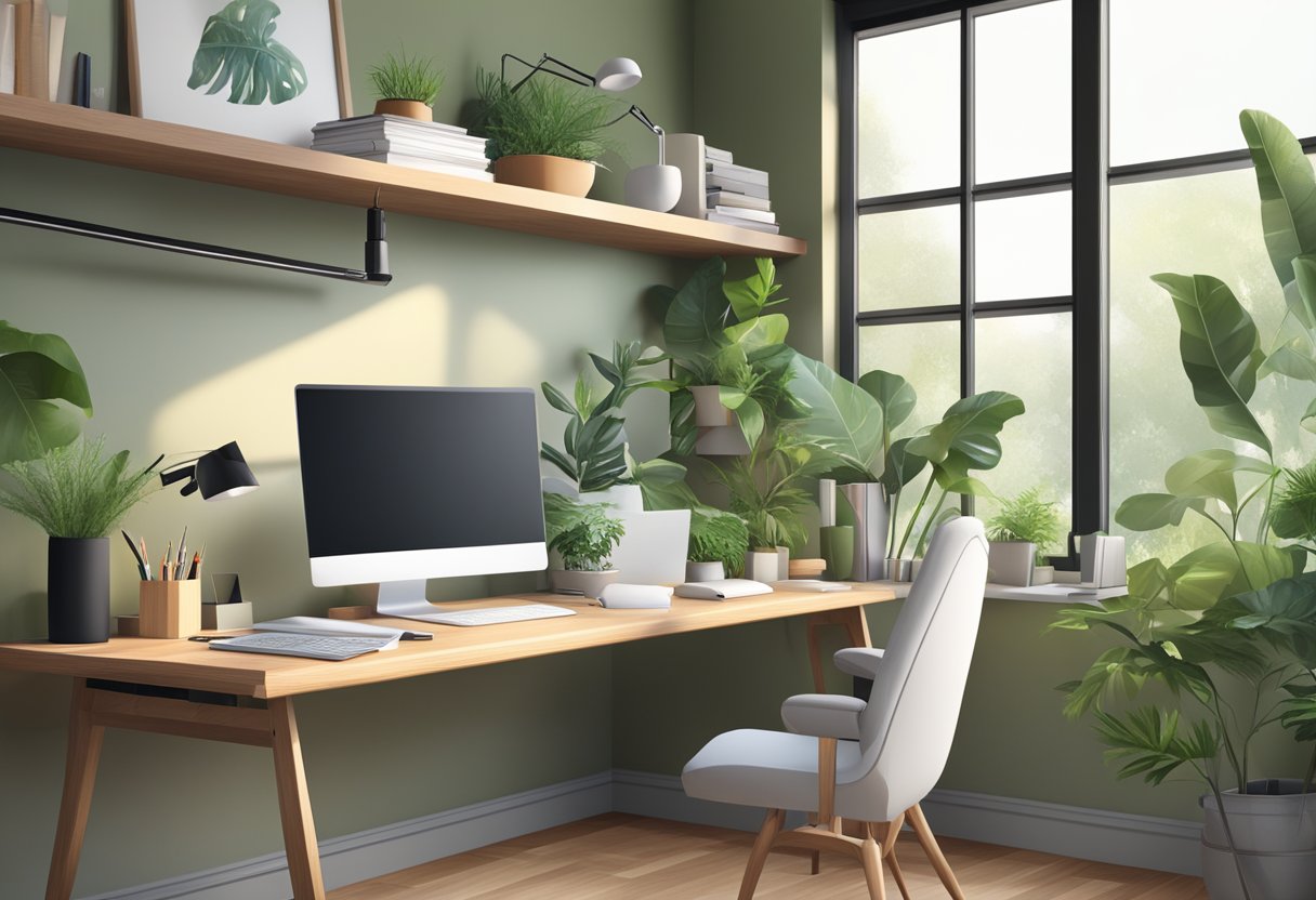 A modern home office with a computer, phone, and organized desk, surrounded by natural light and greenery