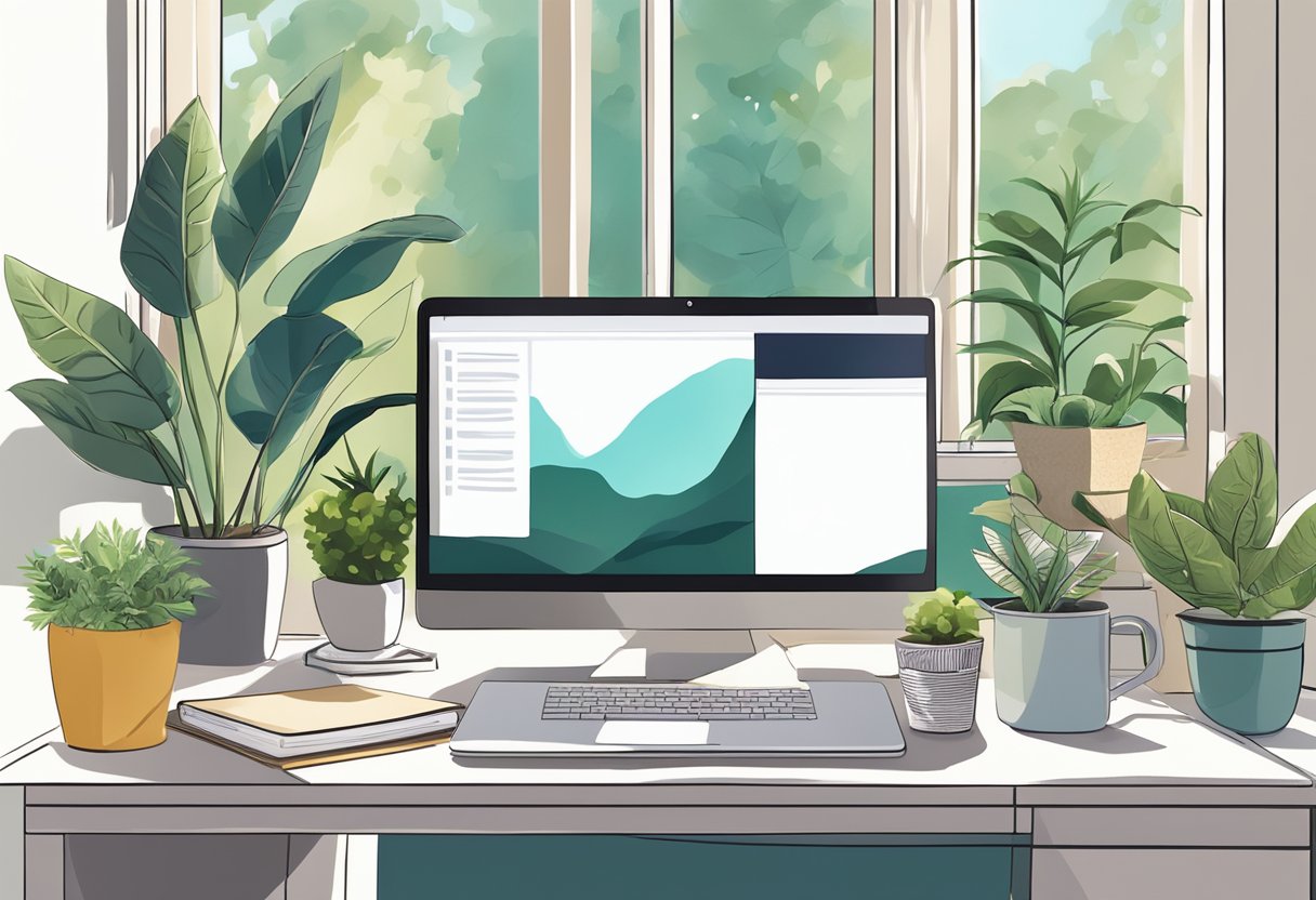 A cozy home office with a laptop, notepad, and a cup of coffee on a desk near a sunny window, surrounded by plants and calming decor