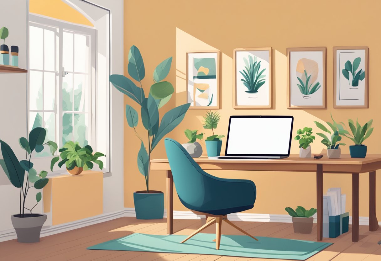 A cozy home office with a laptop, plants, and natural light. A cup of coffee sits on the desk. A yoga mat and exercise ball are nearby