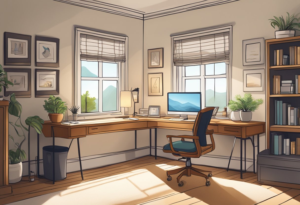 A cozy home office with a desk, computer, and organized workspace. Natural light streams in through a window, and a cup of coffee sits nearby