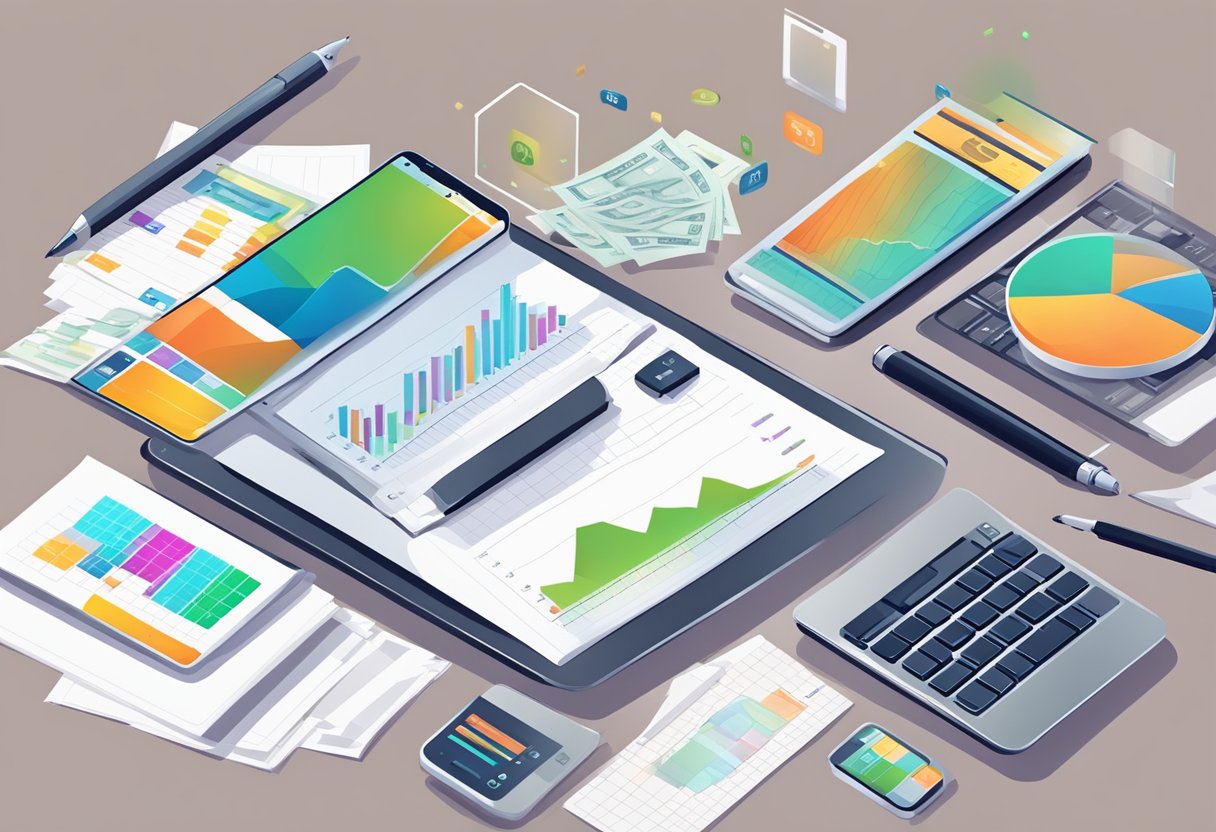 A table with a laptop, notebook, and pen. A mobile phone displaying a mobile app interface. A stack of cash and a graph showing profit