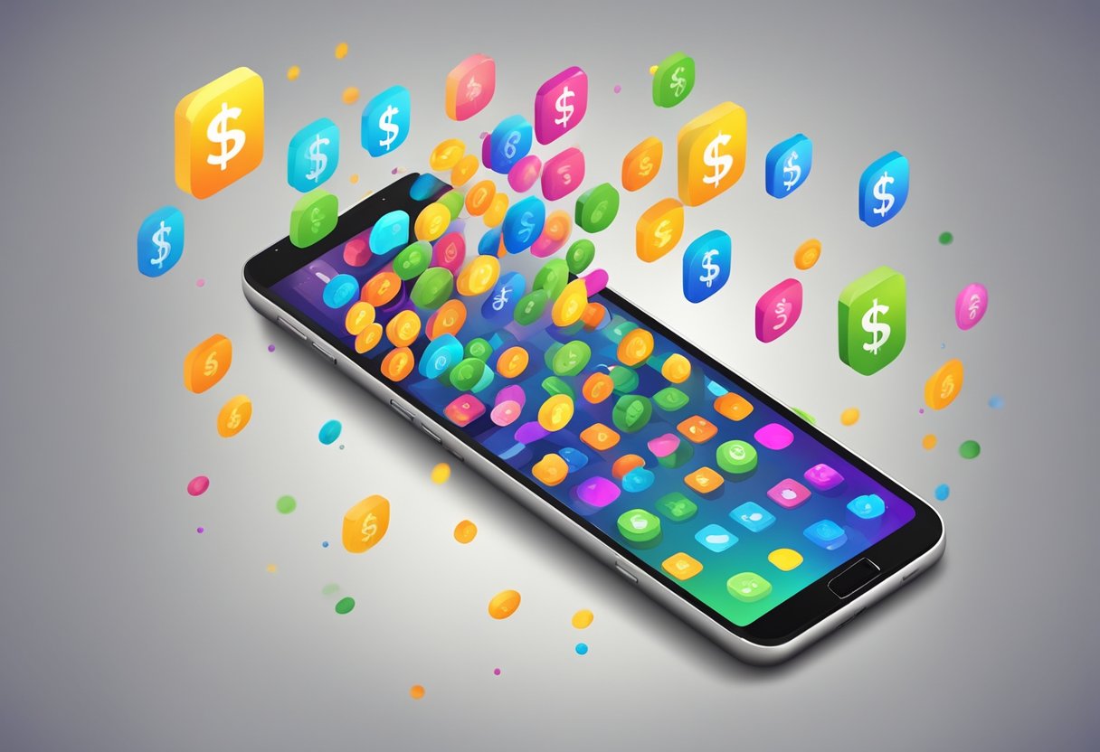 A smartphone with a colorful, engaging app interface, surrounded by dollar signs and a money bag, symbolizing the potential for profit