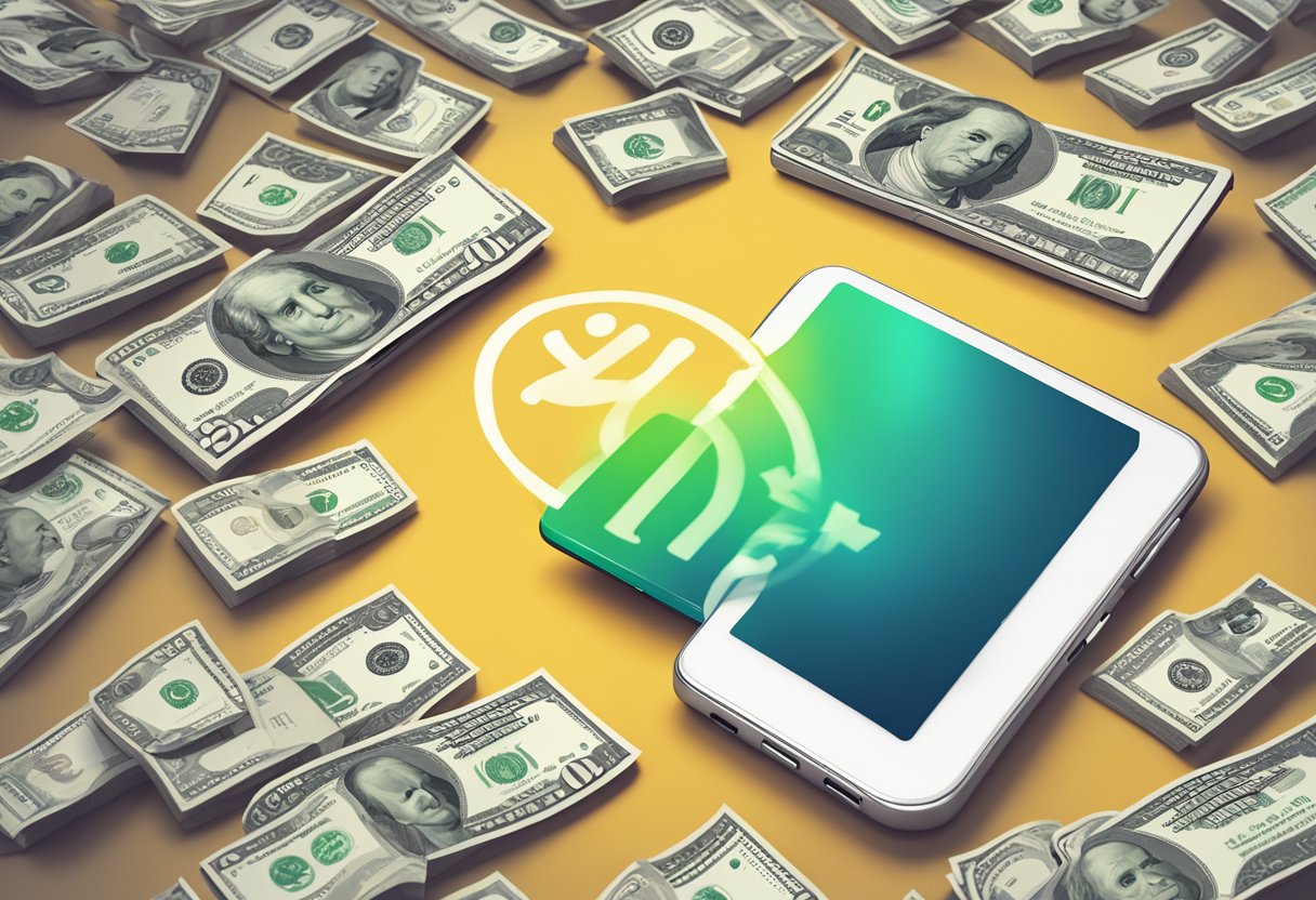 A smartphone with a money symbol on the screen, surrounded by app icons and a dollar sign in the background