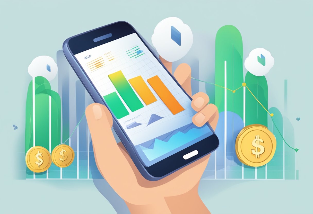 A smartphone displaying app performance data with a graph and monetary symbols. A hand holding a dollar bill