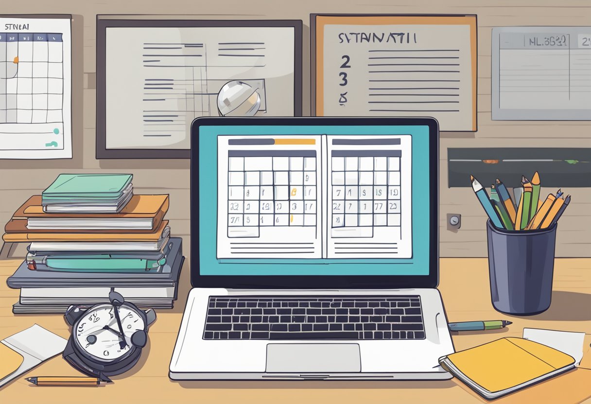 A laptop open on a desk with a notebook and pen, surrounded by textbooks and educational materials. A calendar on the wall shows a busy schedule