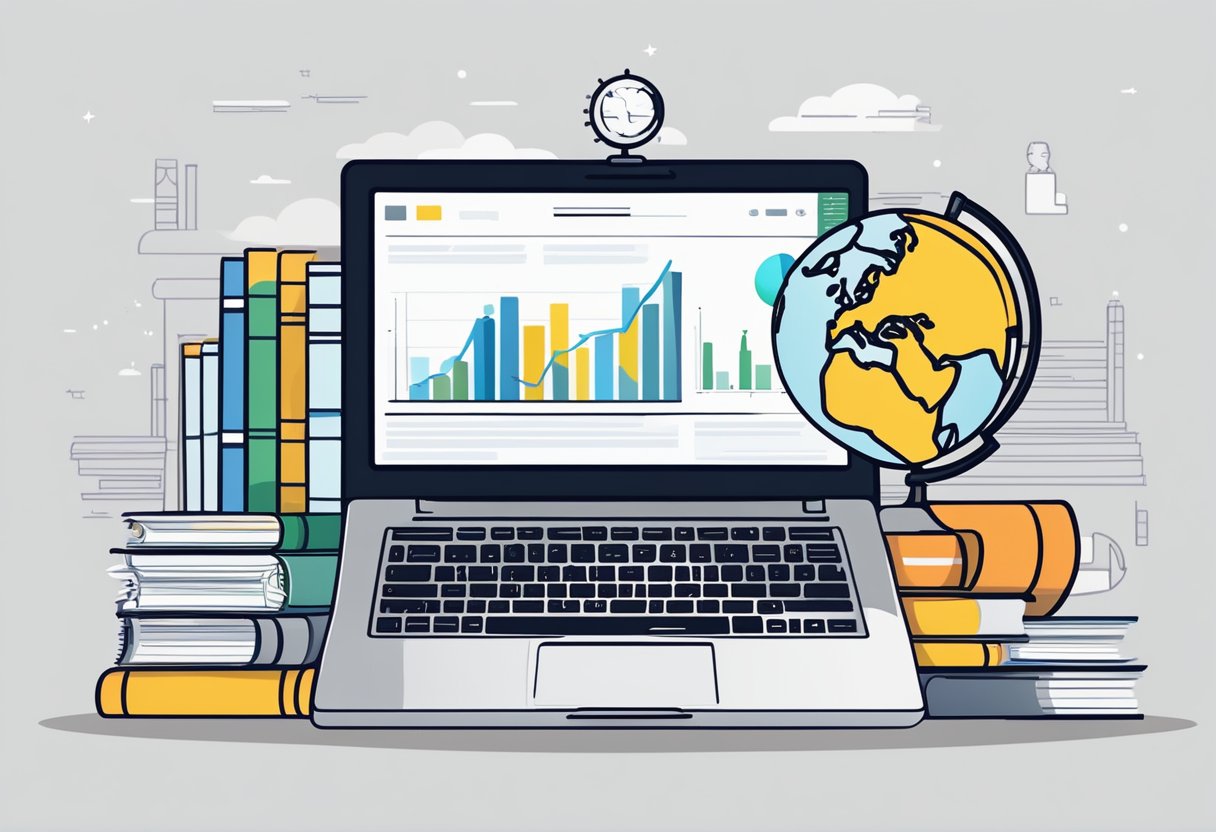 A laptop surrounded by books, a globe, and a stack of papers. A chart showing business growth and reach expansion. Online tutoring website on the screen