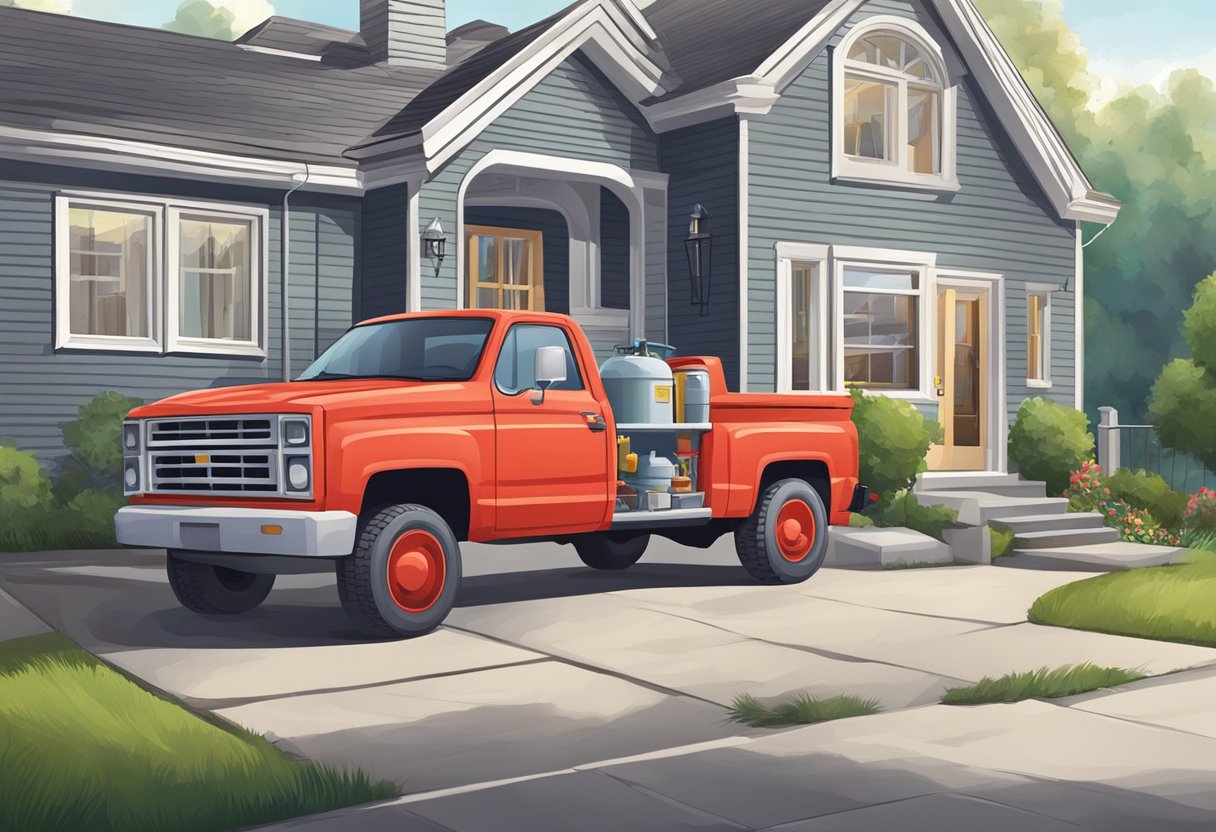 A red truck pulls up to a suburban house. A technician in uniform carries a pest control sprayer towards the front door