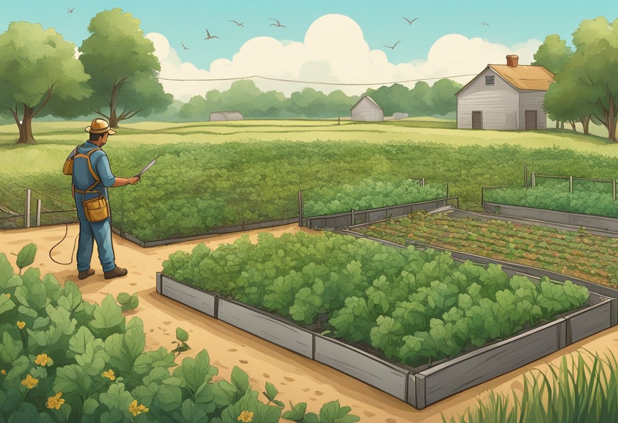 A field of crops with wild rabbits damaging plants, a fence surrounding the area, and a pest control worker setting up traps