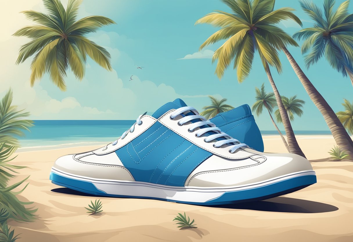 A pair of stylish men's shoes arranged on a sandy beach with a backdrop of clear blue skies and palm trees, evoking a sense of summer relaxation and casual sophistication