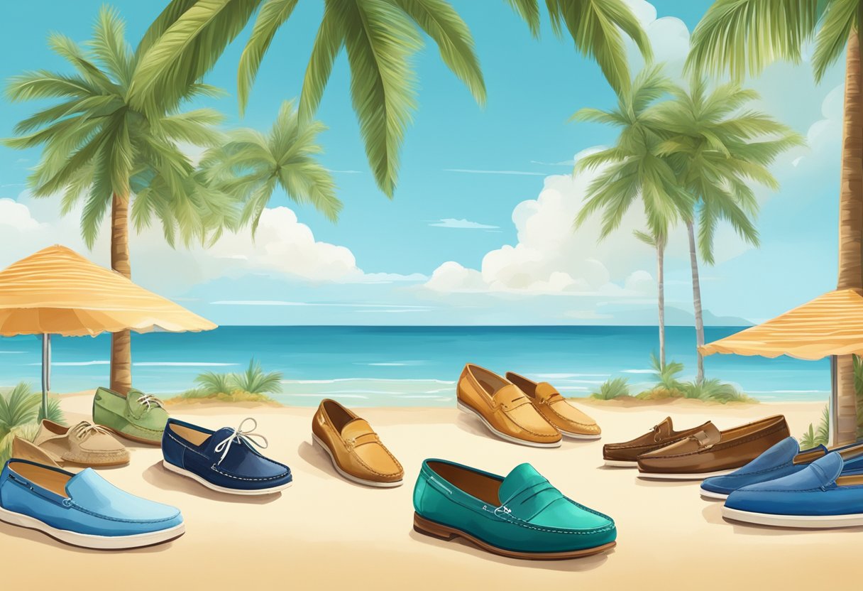 A colorful display of top men's summer shoes, including loafers, boat shoes, and espadrilles, arranged on a sandy beach with a backdrop of palm trees and clear blue skies