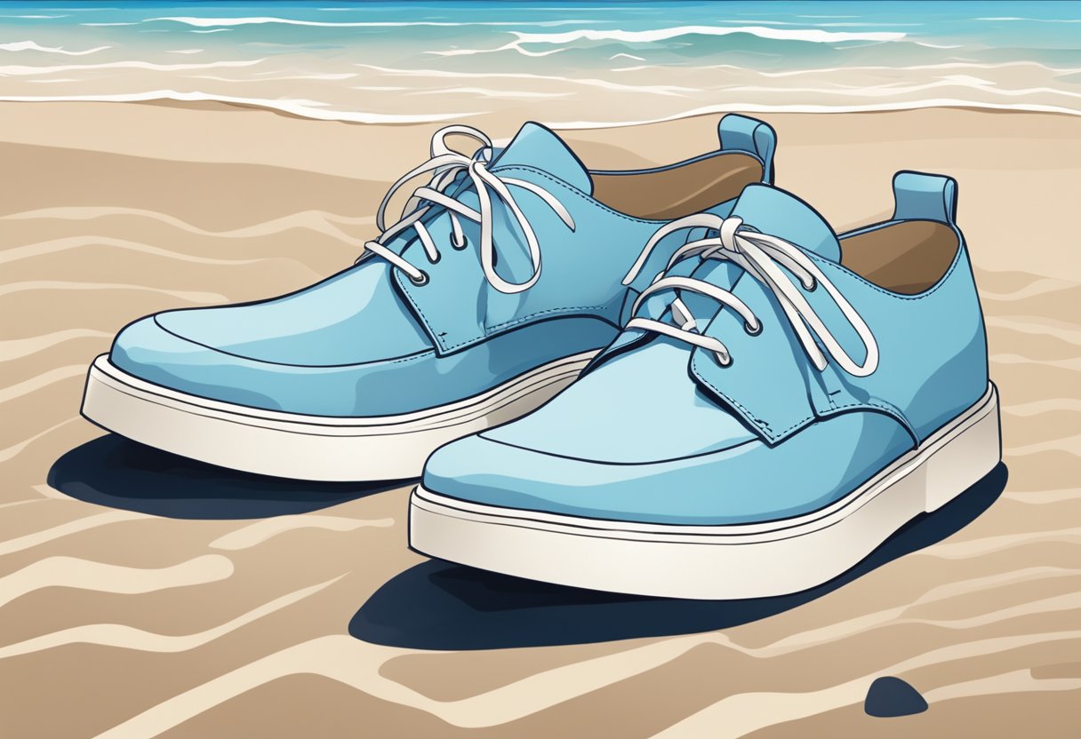 A pair of stylish men's shoes placed on a sandy beach with a backdrop of clear blue skies and gentle waves