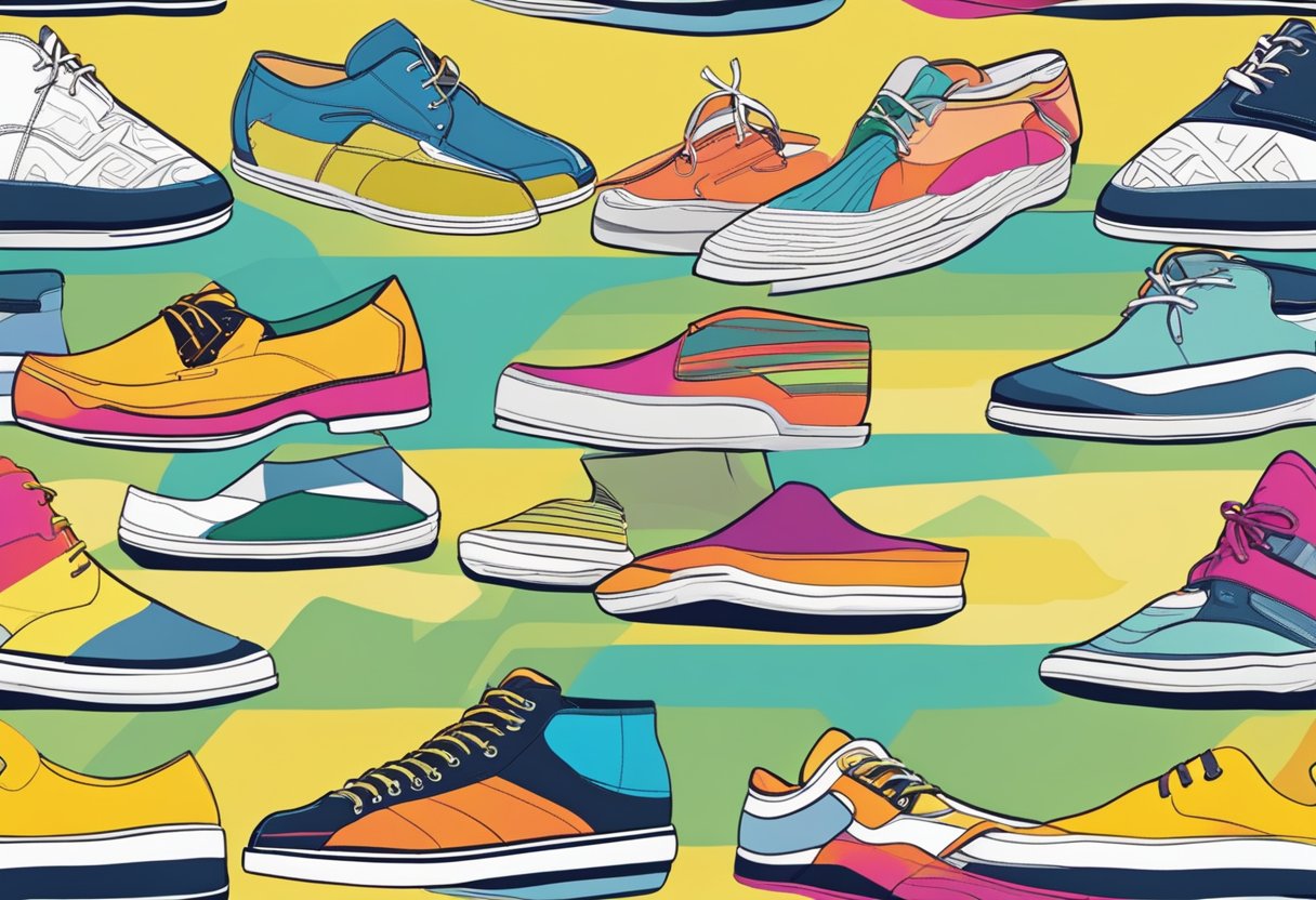 Bright, bold colors and geometric patterns on a variety of men's shoes displayed on a sunny beach or outdoor setting