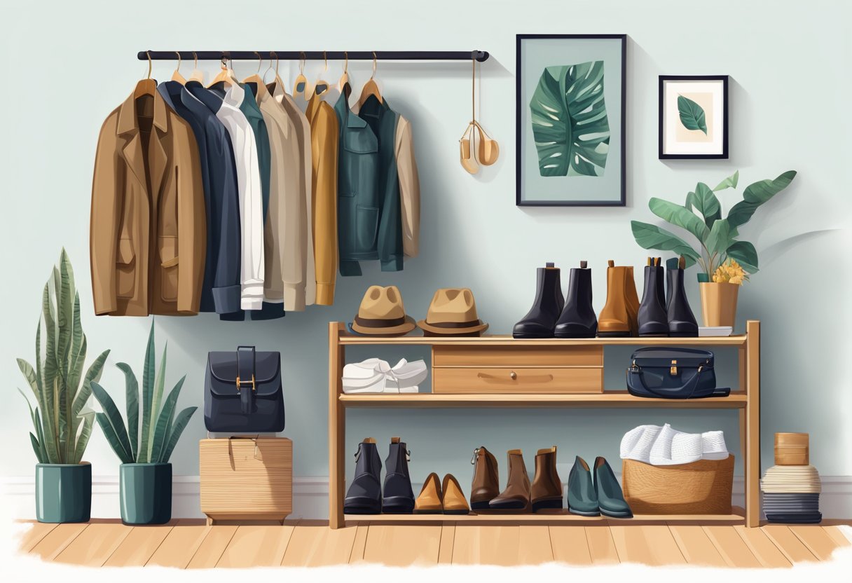 A pair of Chelsea boots sits on a sleek wooden shoe rack, surrounded by a collection of stylish accessories and clothing items