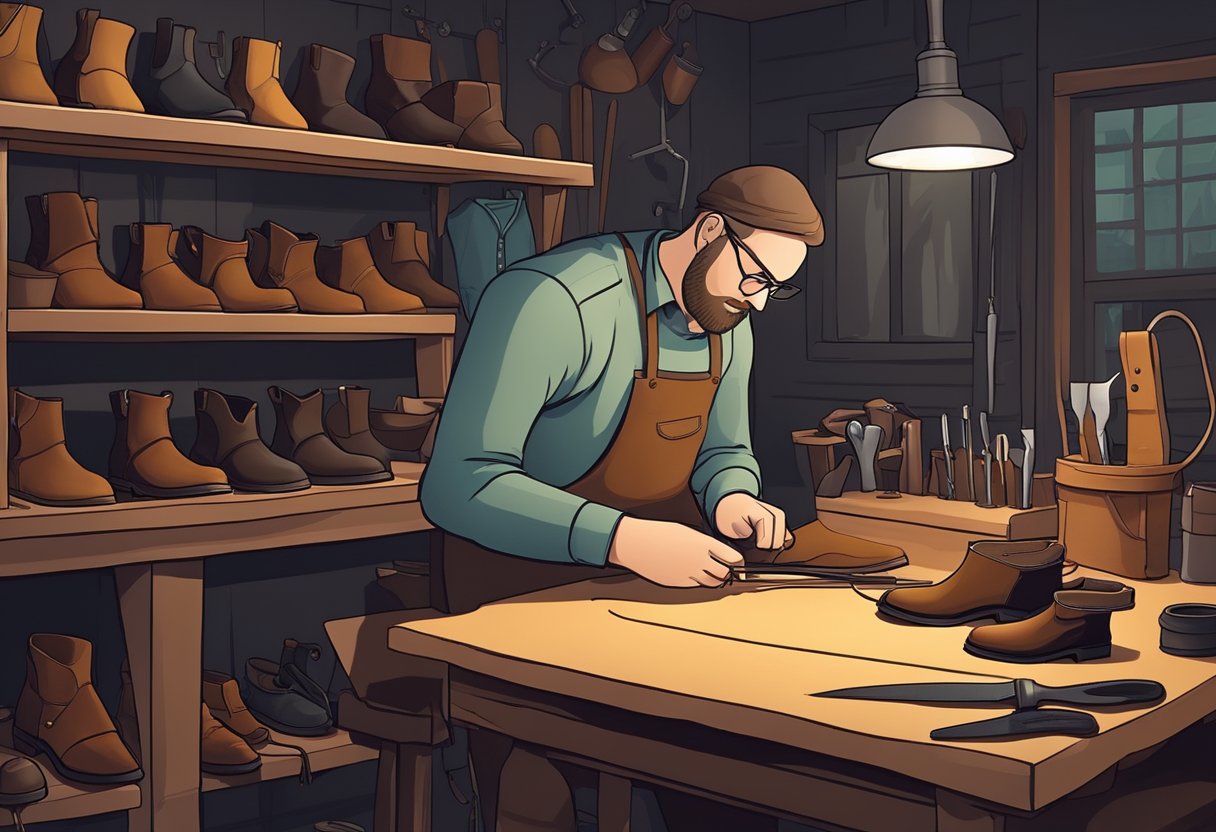 A cobbler crafting Chelsea boots in a dimly lit workshop, surrounded by leather, tools, and a finished pair on display