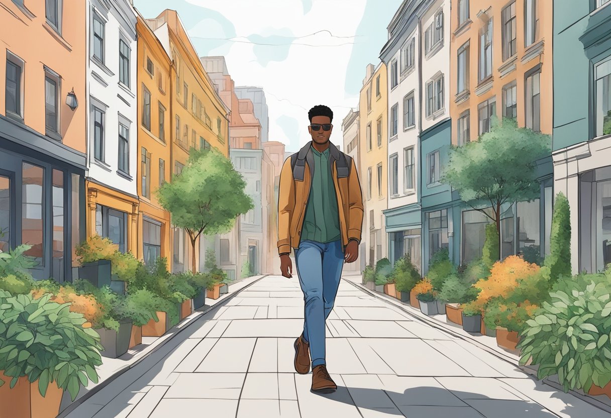 A person walking on a city street, wearing Chelsea boots with a stylish outfit. The background shows a mix of urban buildings and greenery