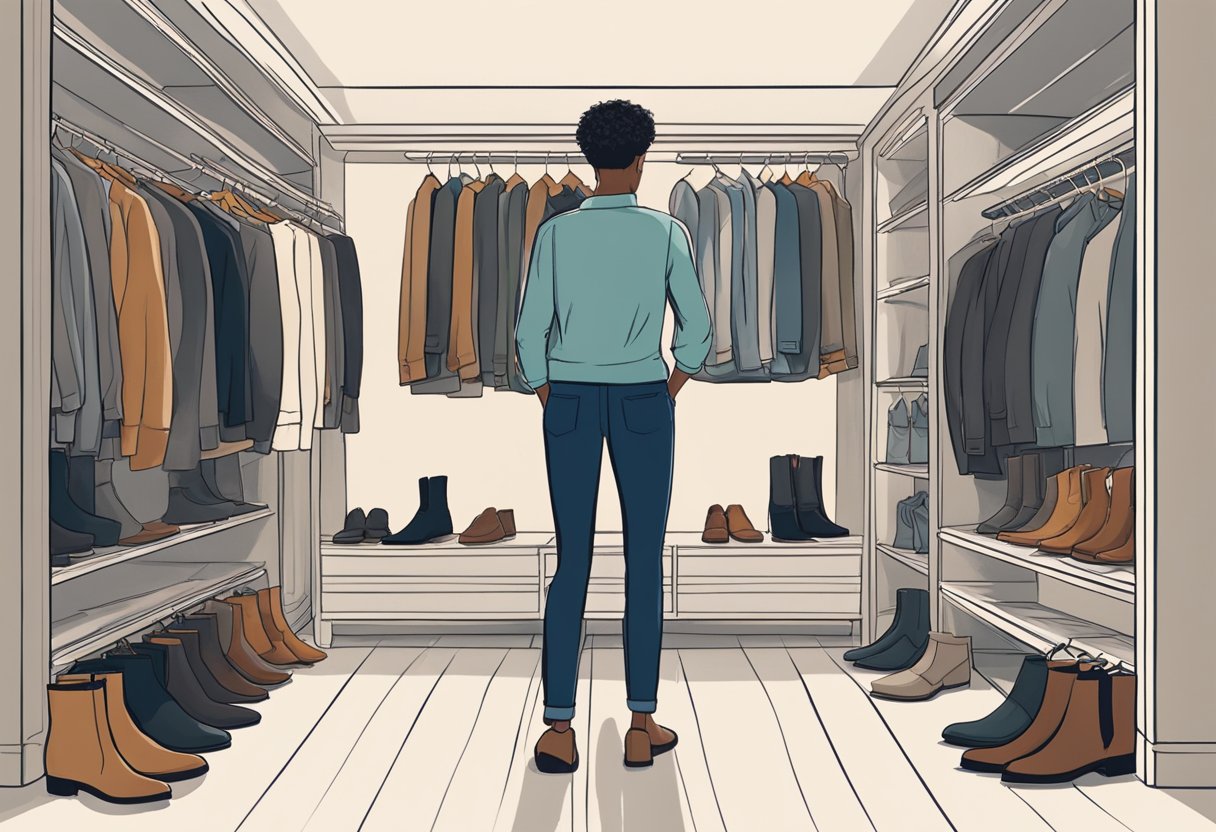 A person stands in front of a closet, deciding between casual and formal outfits. A pair of Chelsea boots sits on the floor, ready to be chosen for the occasion