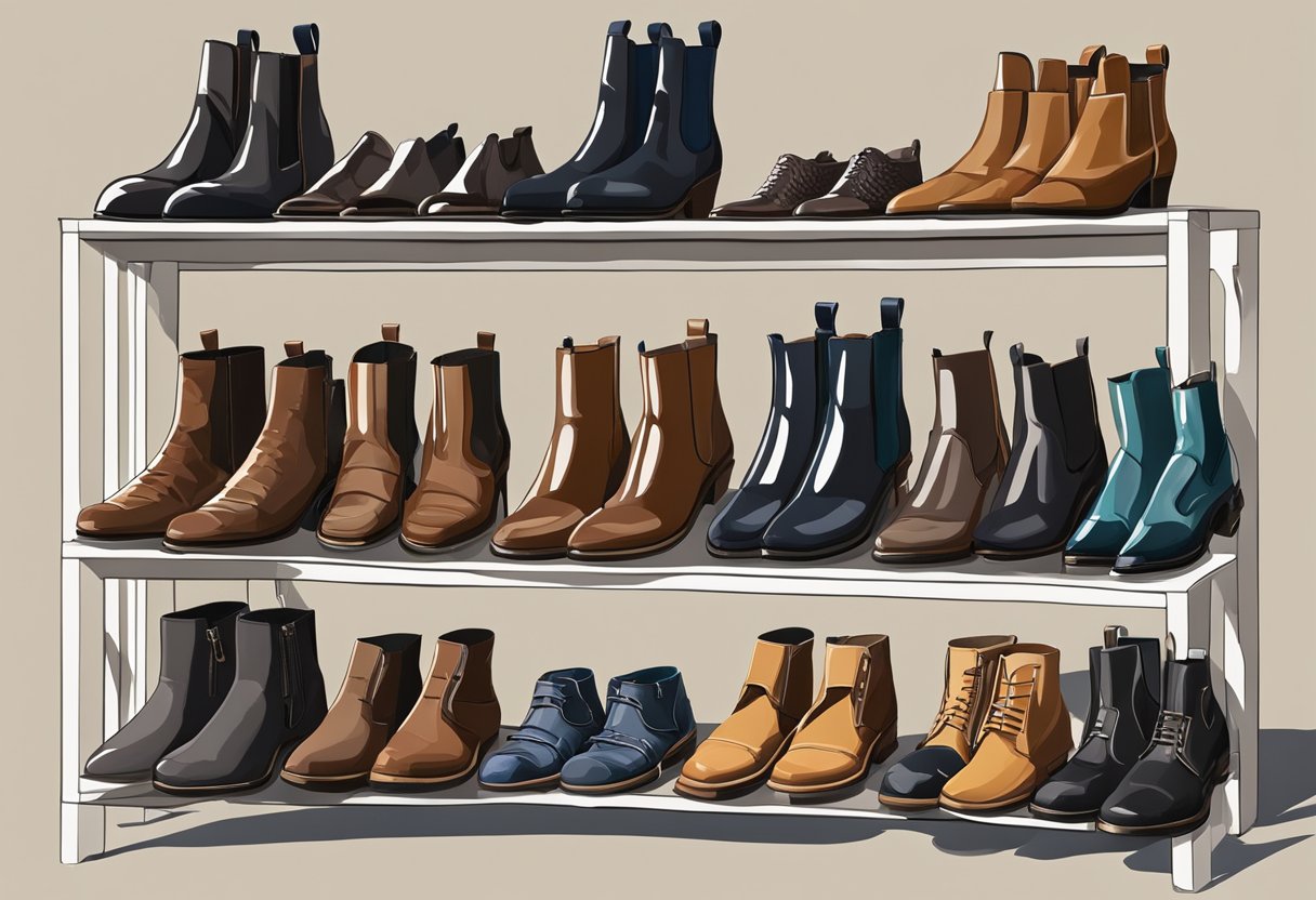 A pair of Chelsea boots placed neatly on a shoe rack, surrounded by a variety of outfits and accessories. The boots are clean and well-polished, ready to be worn for any occasion