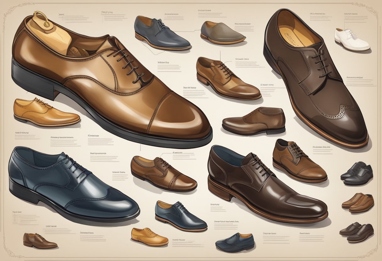 A table with a variety of men's dress shoes in different sizes and styles, with a measuring tape and size chart nearby