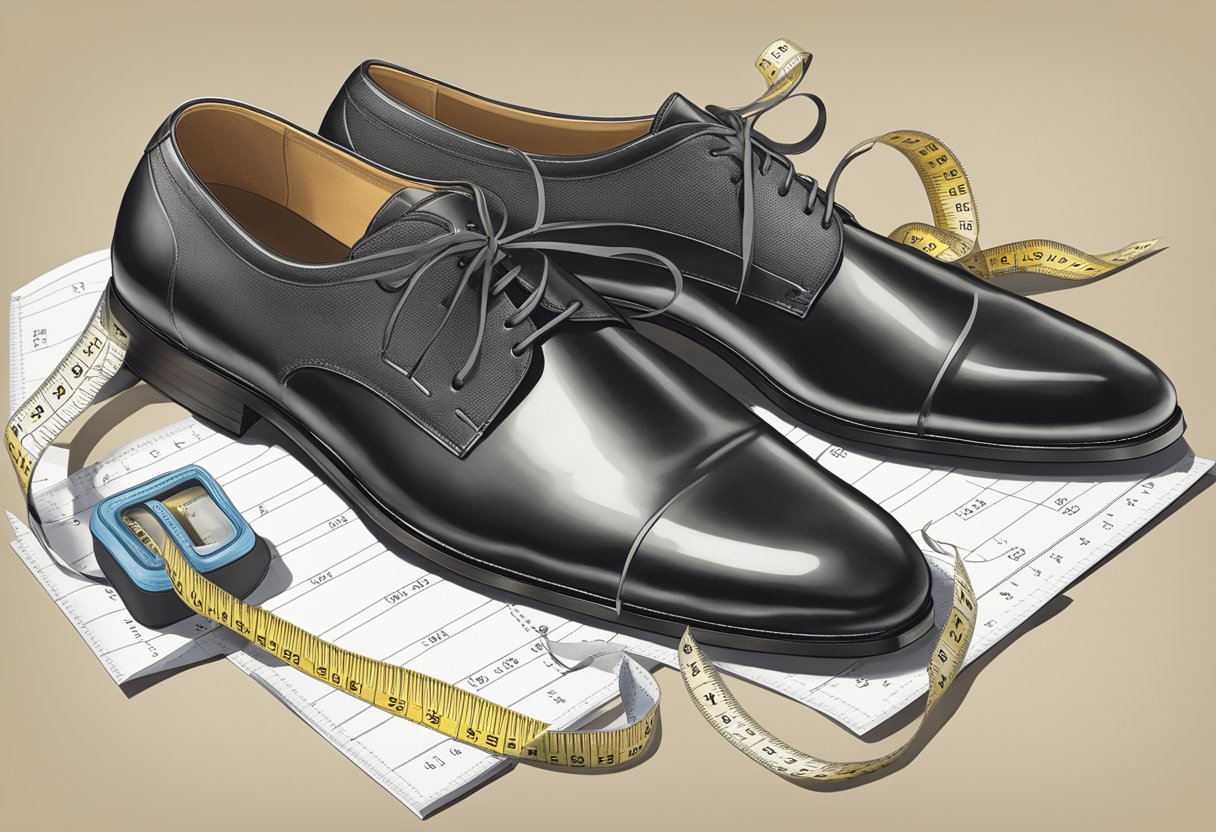 A man's dress shoe surrounded by a measuring tape and size chart, indicating the process of choosing the right size