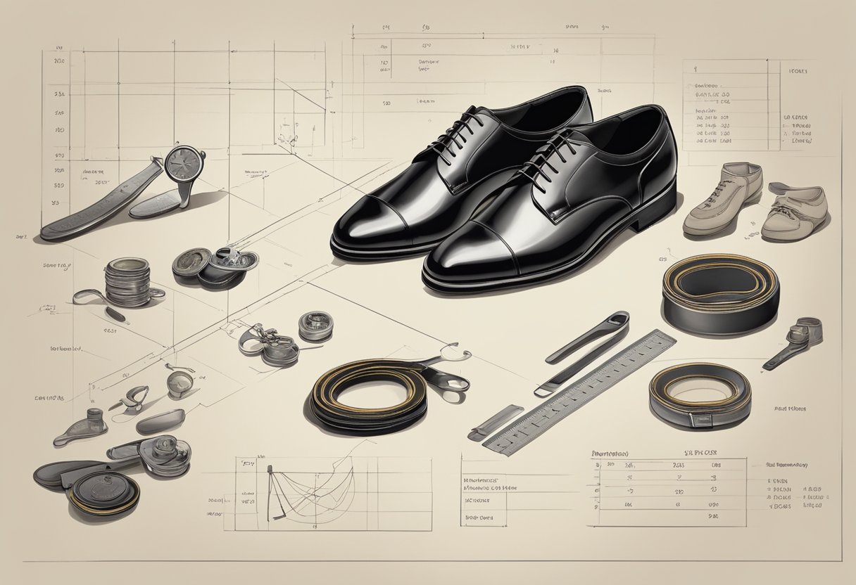 A table with various men's dress shoes in different sizes, surrounded by measuring tools and a chart showing foot measurements