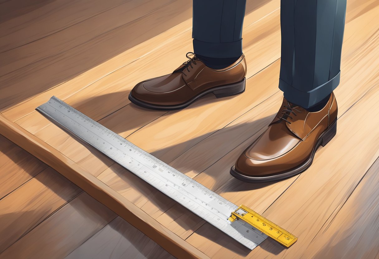 A man's hand holding a ruler measuring the length and width of a sleek pair of dress shoes on a wooden floor