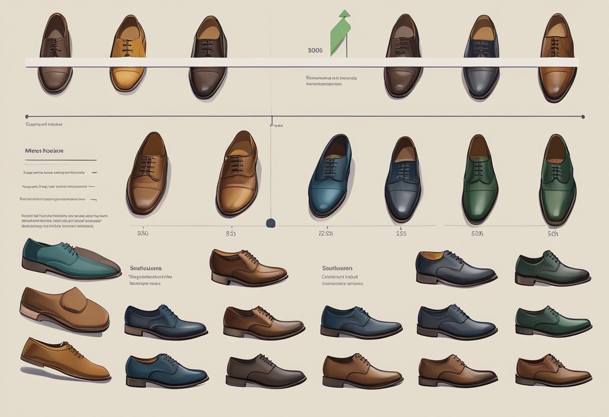 A row of men's dress shoes in various sizes, with a chart showing common fit issues and solutions displayed nearby